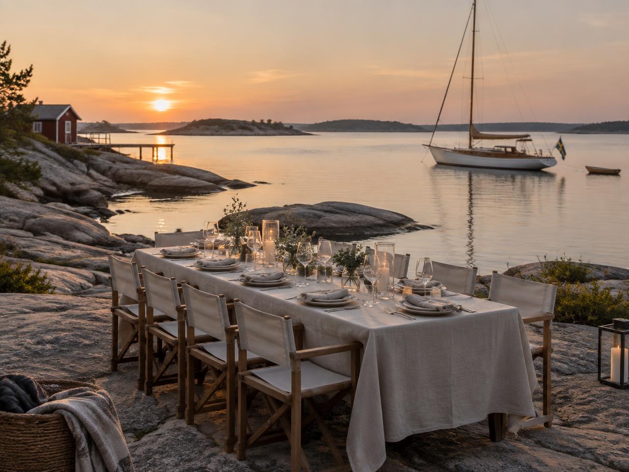 A long dining table set on a rocky island shore with a classic yacht anchored nearby